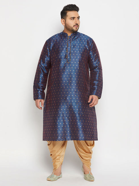 Vastramay Men's Plus Size Navy Blue Zari Weaved Kurta Dhoti Set
